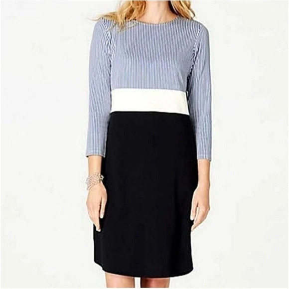 J JILL Striped Color Block Tunic Dress Shift Blue White Black Small Pullover - Picture 6 of 6